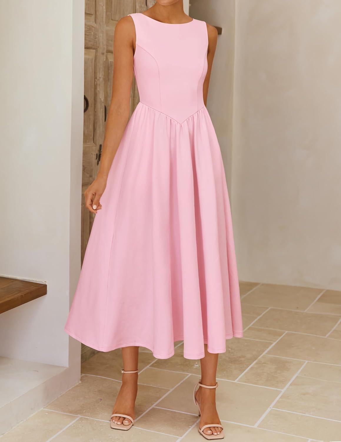 imageZESICA Womens Spring Sleeveless Cocktail Dresses 2026 Summer Crewneck Flowy Wedding Guest Party A Line Midi DressPink