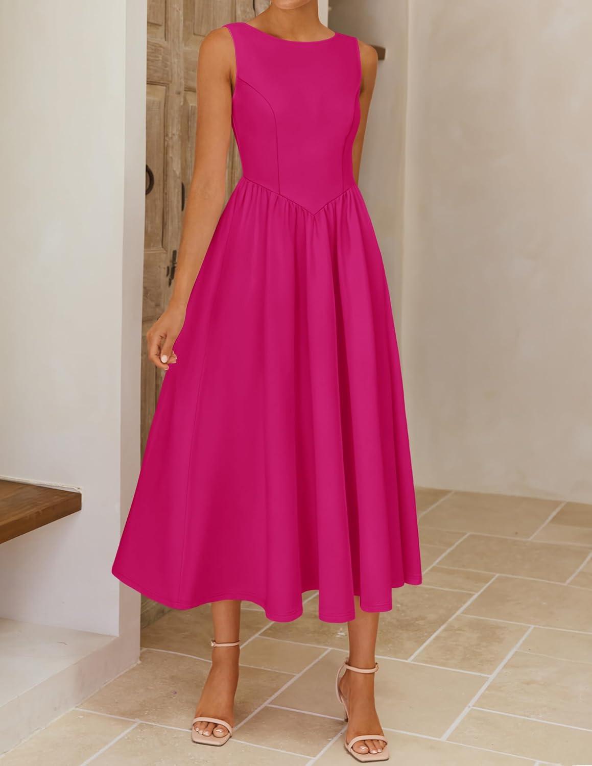 imageZESICA Womens Spring Sleeveless Cocktail Dresses 2026 Summer Crewneck Flowy Wedding Guest Party A Line Midi DressRose