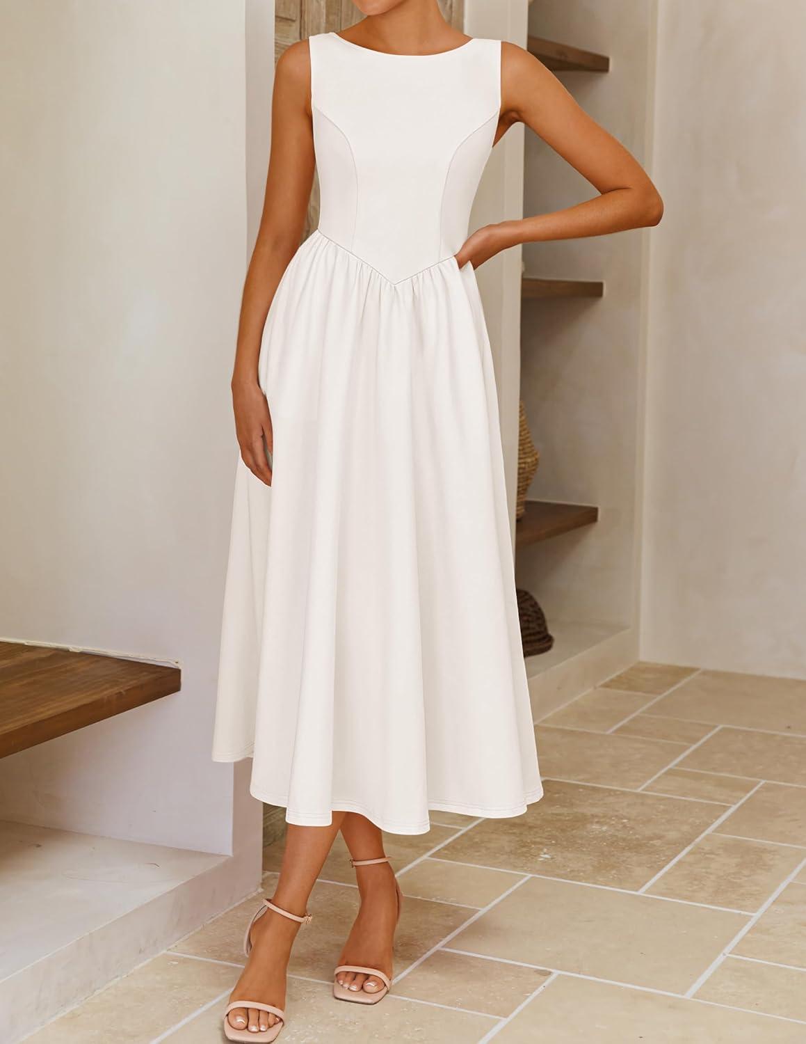 imageZESICA Womens Spring Sleeveless Cocktail Dresses 2026 Summer Crewneck Flowy Wedding Guest Party A Line Midi DressWhite