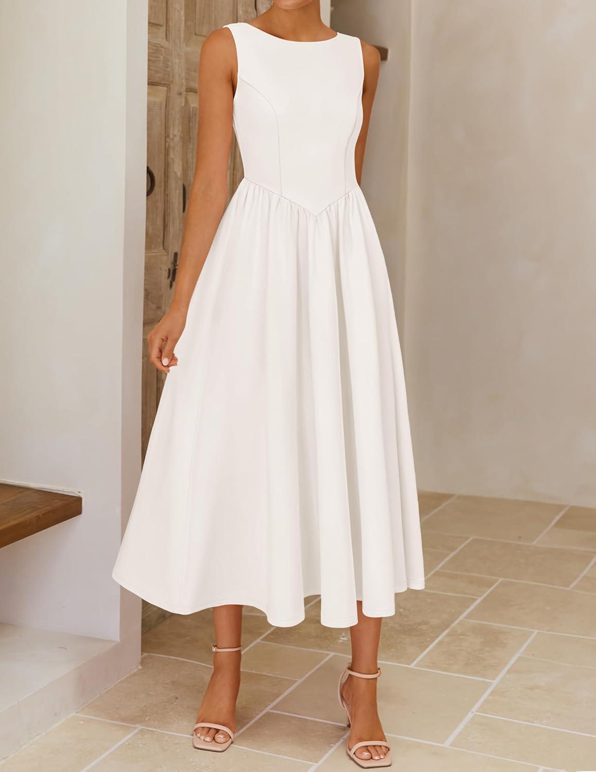 imageZESICA Womens Spring Sleeveless Cocktail Dresses 2026 Summer Crewneck Flowy Wedding Guest Party A Line Midi DressWhite