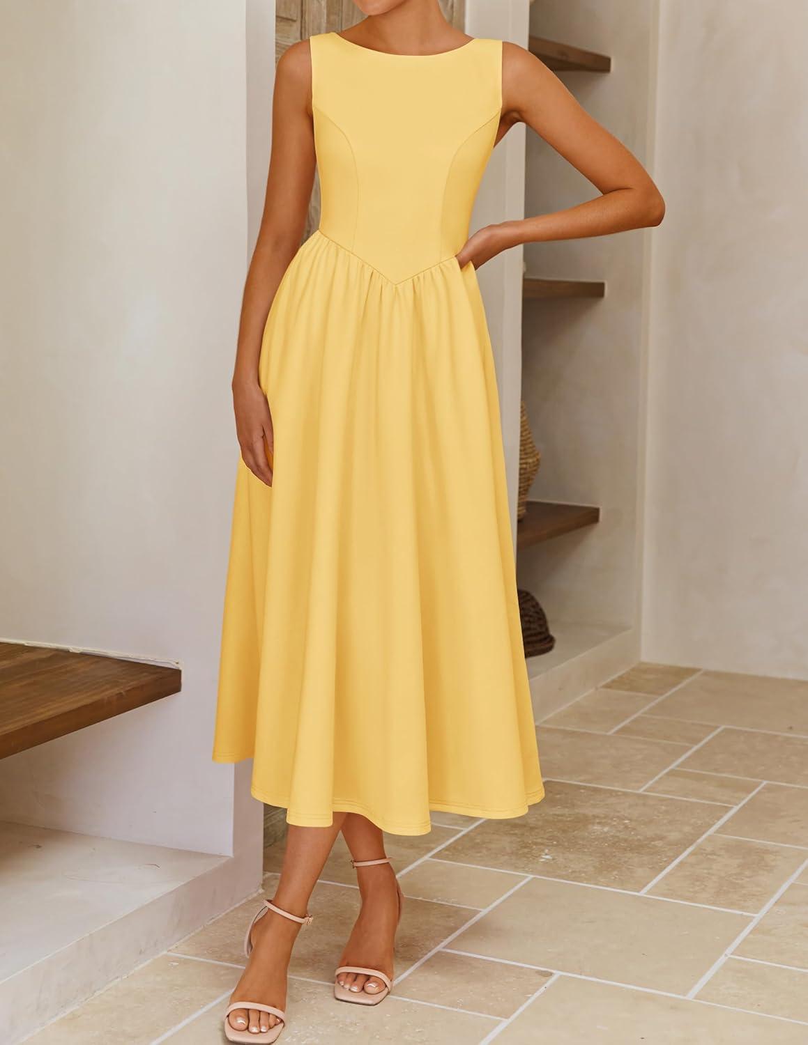 imageZESICA Womens Spring Sleeveless Cocktail Dresses 2026 Summer Crewneck Flowy Wedding Guest Party A Line Midi DressYellow