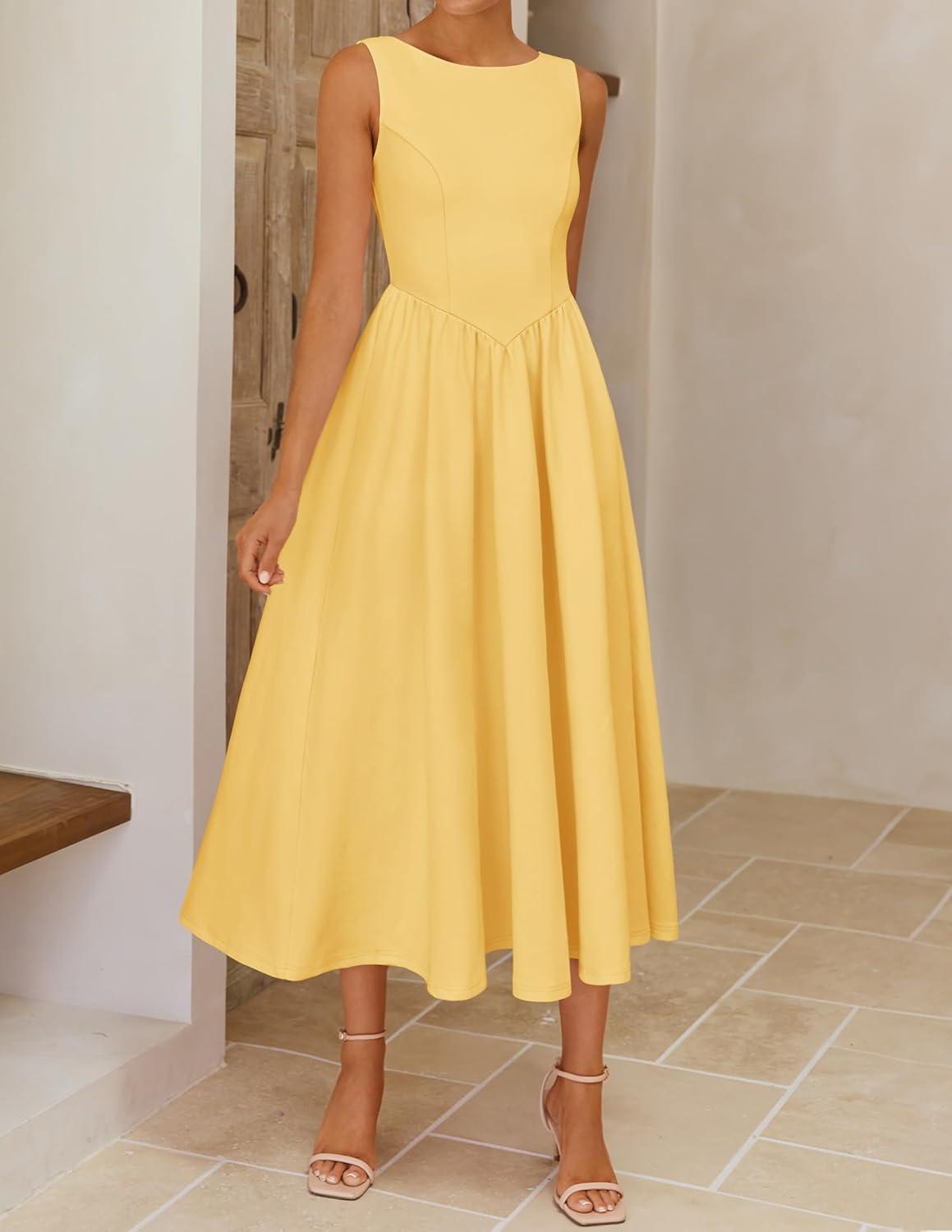 imageZESICA Womens Spring Sleeveless Cocktail Dresses 2026 Summer Crewneck Flowy Wedding Guest Party A Line Midi DressYellow