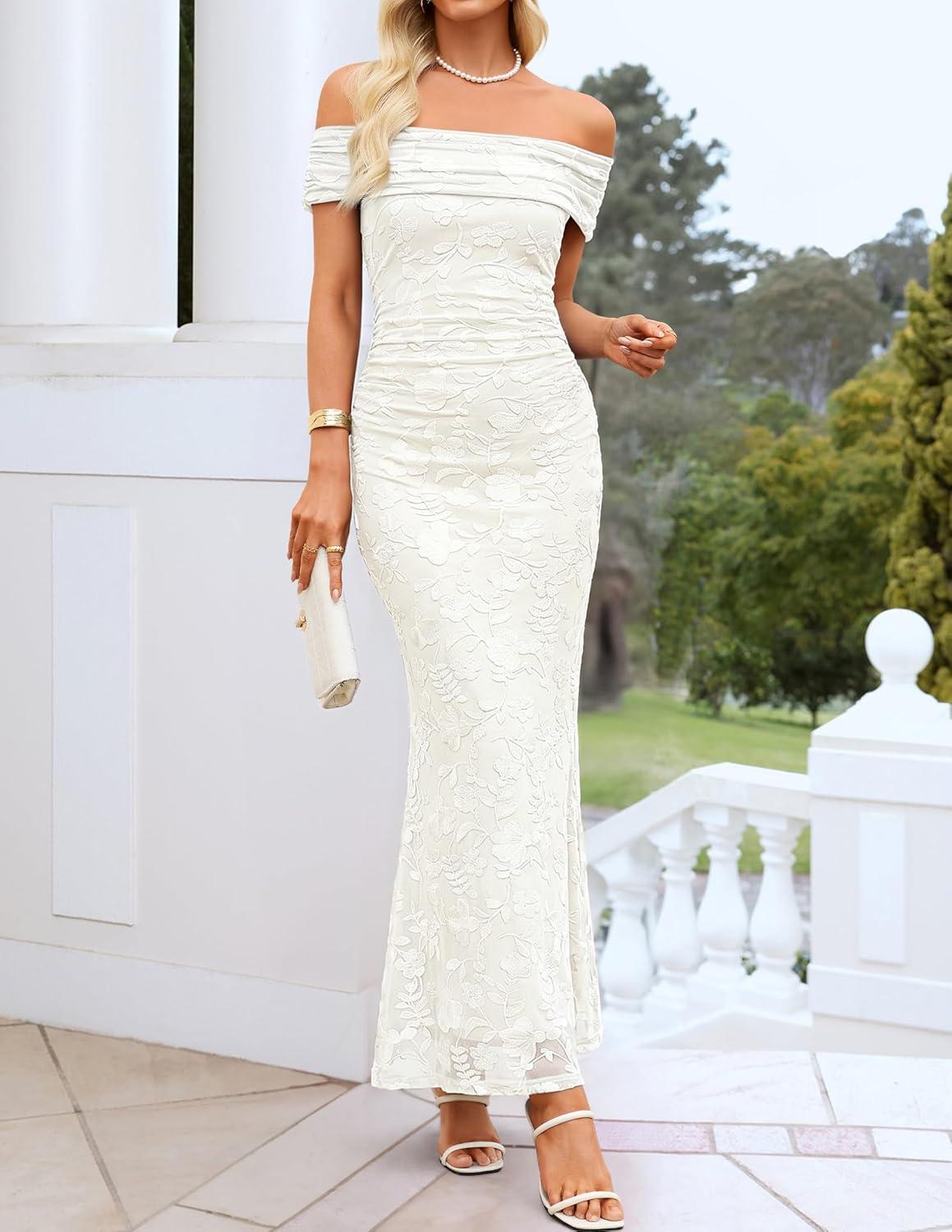 imageZESICA Womens Summer Off Shoulder Floral Bodycon Maxi Dress 2026 Ruched Elegant Formal Cocktail Wedding Guest Long DressesWhite