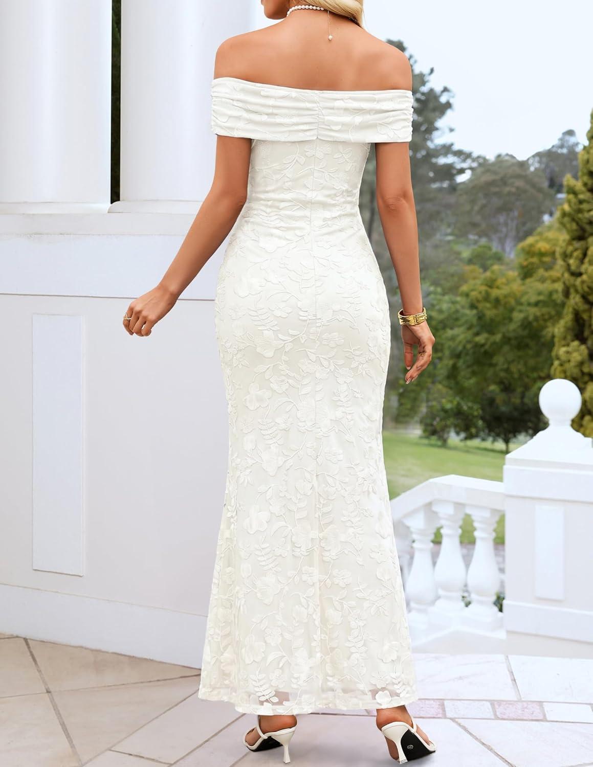 imageZESICA Womens Summer Off Shoulder Floral Bodycon Maxi Dress 2026 Ruched Elegant Formal Cocktail Wedding Guest Long DressesWhite