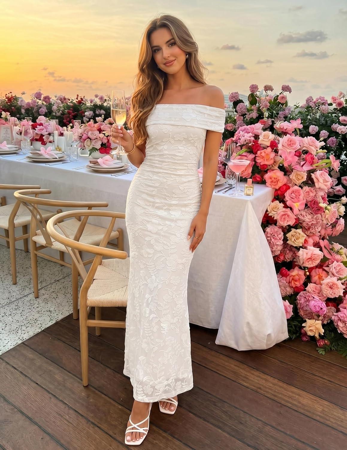 imageZESICA Womens Summer Off Shoulder Floral Bodycon Maxi Dress 2026 Ruched Elegant Formal Cocktail Wedding Guest Long DressesWhite