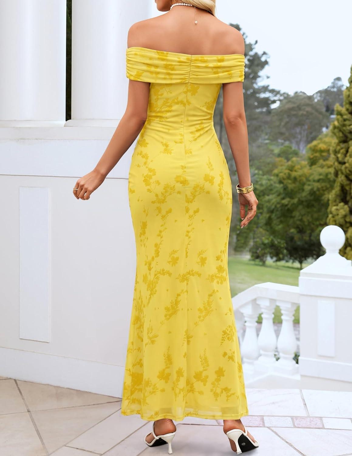 imageZESICA Womens Summer Off Shoulder Floral Bodycon Maxi Dress 2026 Ruched Elegant Formal Cocktail Wedding Guest Long DressesYellow