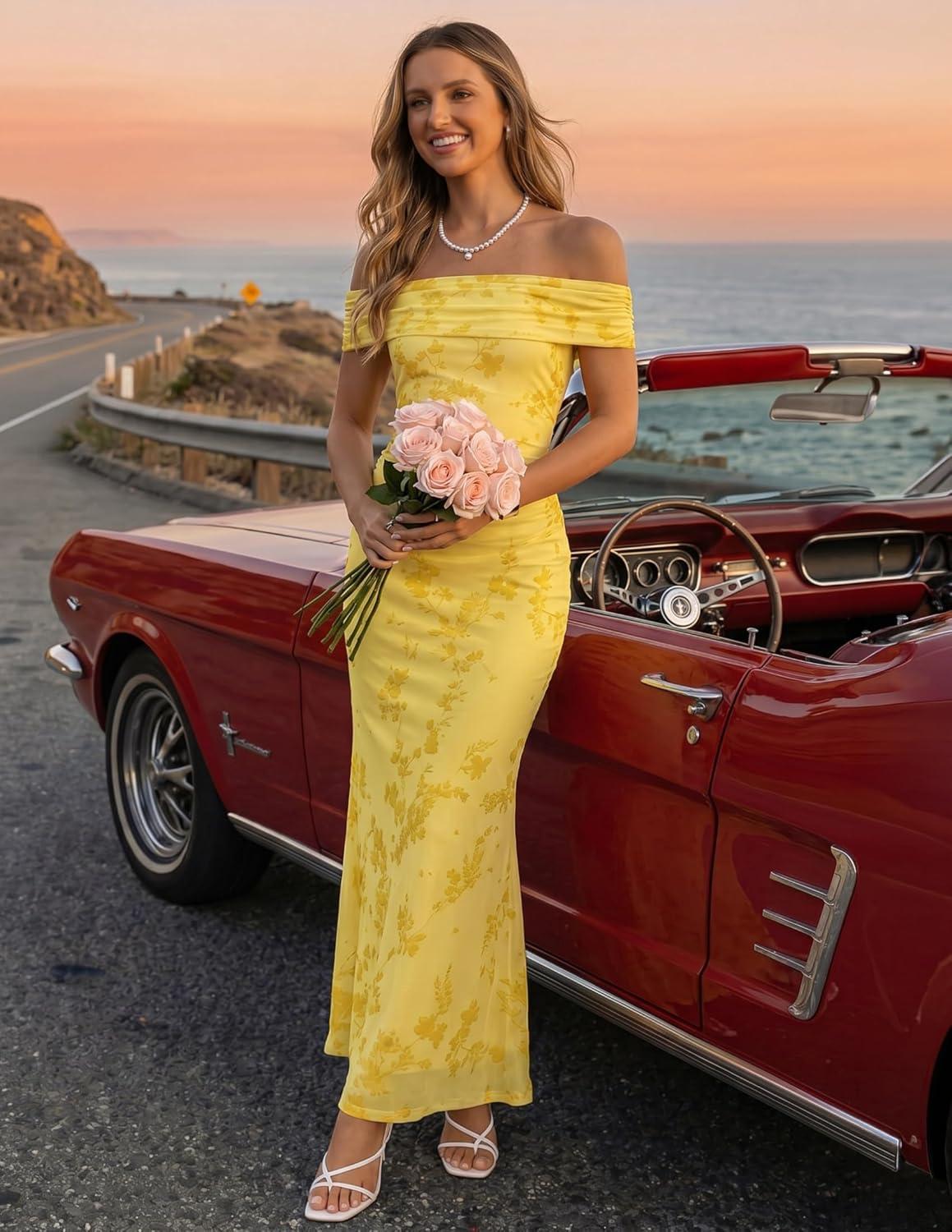 imageZESICA Womens Summer Off Shoulder Floral Bodycon Maxi Dress 2026 Ruched Elegant Formal Cocktail Wedding Guest Long DressesYellow
