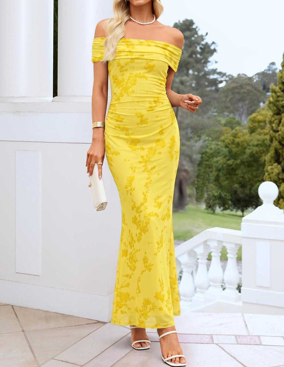 imageZESICA Womens Summer Off Shoulder Floral Bodycon Maxi Dress 2026 Ruched Elegant Formal Cocktail Wedding Guest Long DressesYellow