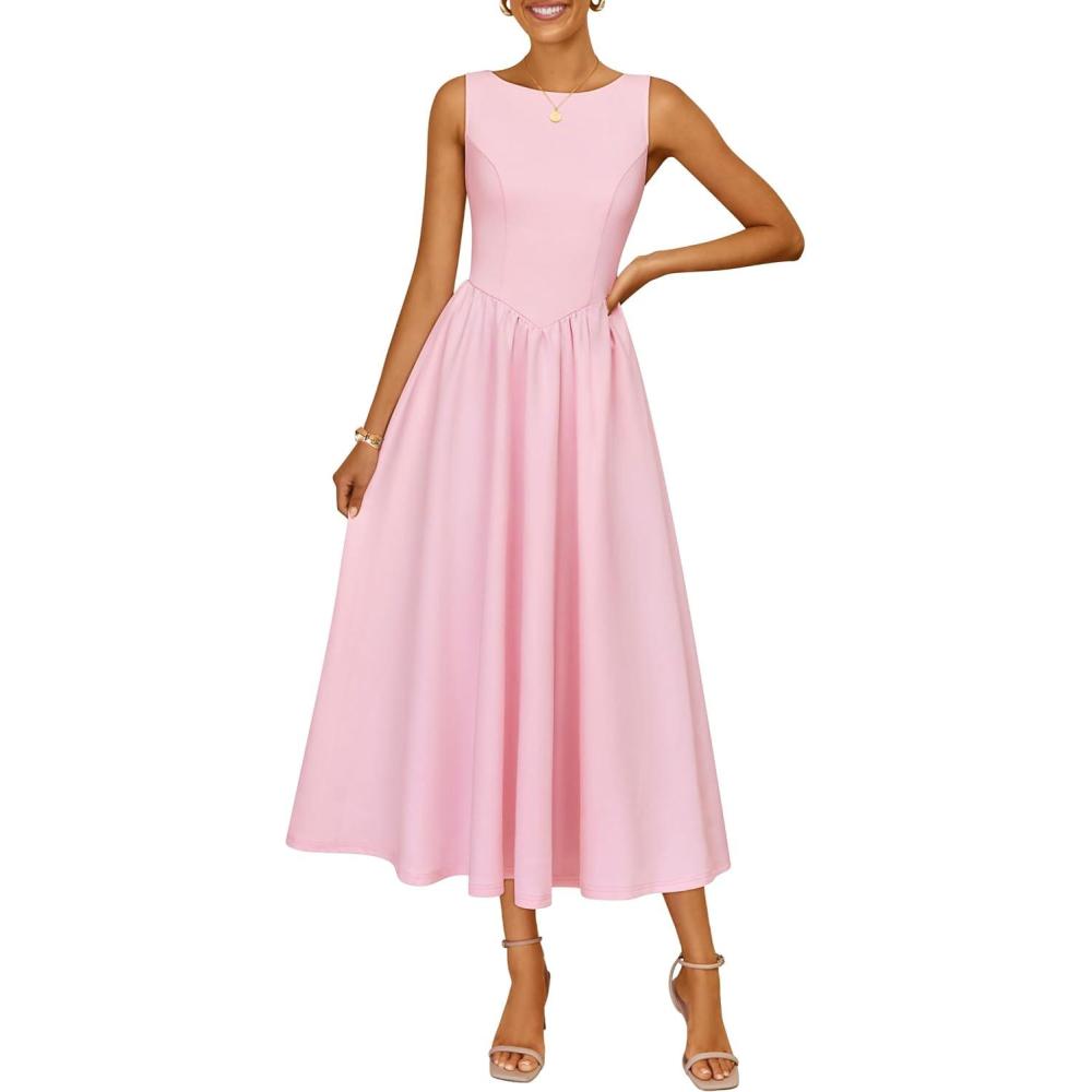 imageZESICA Womens Spring Sleeveless Cocktail Dresses 2026 Summer Crewneck Flowy Wedding Guest Party A Line Midi DressPink