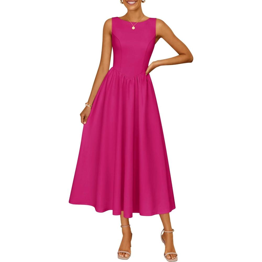 imageZESICA Womens Spring Sleeveless Cocktail Dresses 2026 Summer Crewneck Flowy Wedding Guest Party A Line Midi DressRose