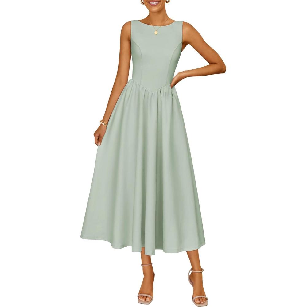 imageZESICA Womens Spring Sleeveless Cocktail Dresses 2026 Summer Crewneck Flowy Wedding Guest Party A Line Midi DressSage