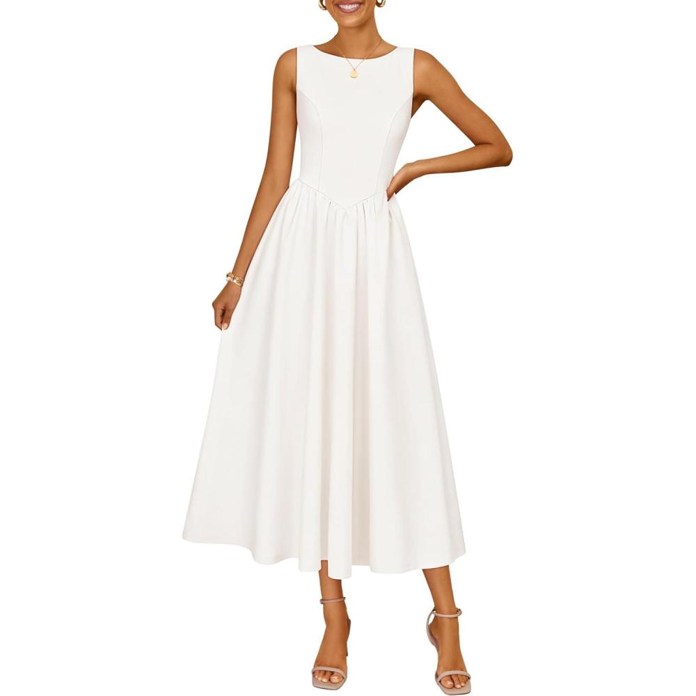 imageZESICA Womens Spring Sleeveless Cocktail Dresses 2026 Summer Crewneck Flowy Wedding Guest Party A Line Midi DressWhite
