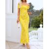 ZESICA Women’s Summer Off Shoulder Floral Bodycon Maxi Dress 2026 Ruched Elegant Formal Cocktail Wedding Guest Long Dresses(Yellow)
