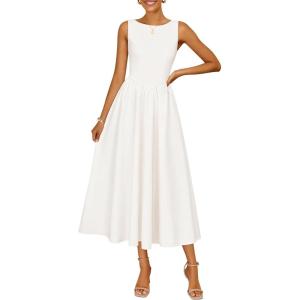 ZESICA Women’s Spring Sleeveless Cocktail Dresses 2026 Summer Crewneck Flowy Wedding Guest Party A Line Midi Dress(White)
