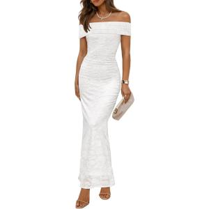 ZESICA Women’s Summer Off Shoulder Floral Bodycon Maxi Dress 2026 Ruched Elegant Formal Cocktail Wedding Guest Long Dresses(White)