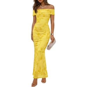 ZESICA Women’s Summer Off Shoulder Floral Bodycon Maxi Dress 2026 Ruched Elegant Formal Cocktail Wedding Guest Long Dresses(Yellow)