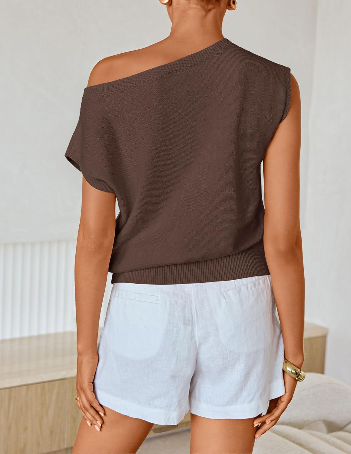 imageZESICA Womens Summer Off Shoulder Short Sleeve Sweater Vest 2026 Floral Knit Loose Going Out Tops Trendy Cute ClothesCoffee