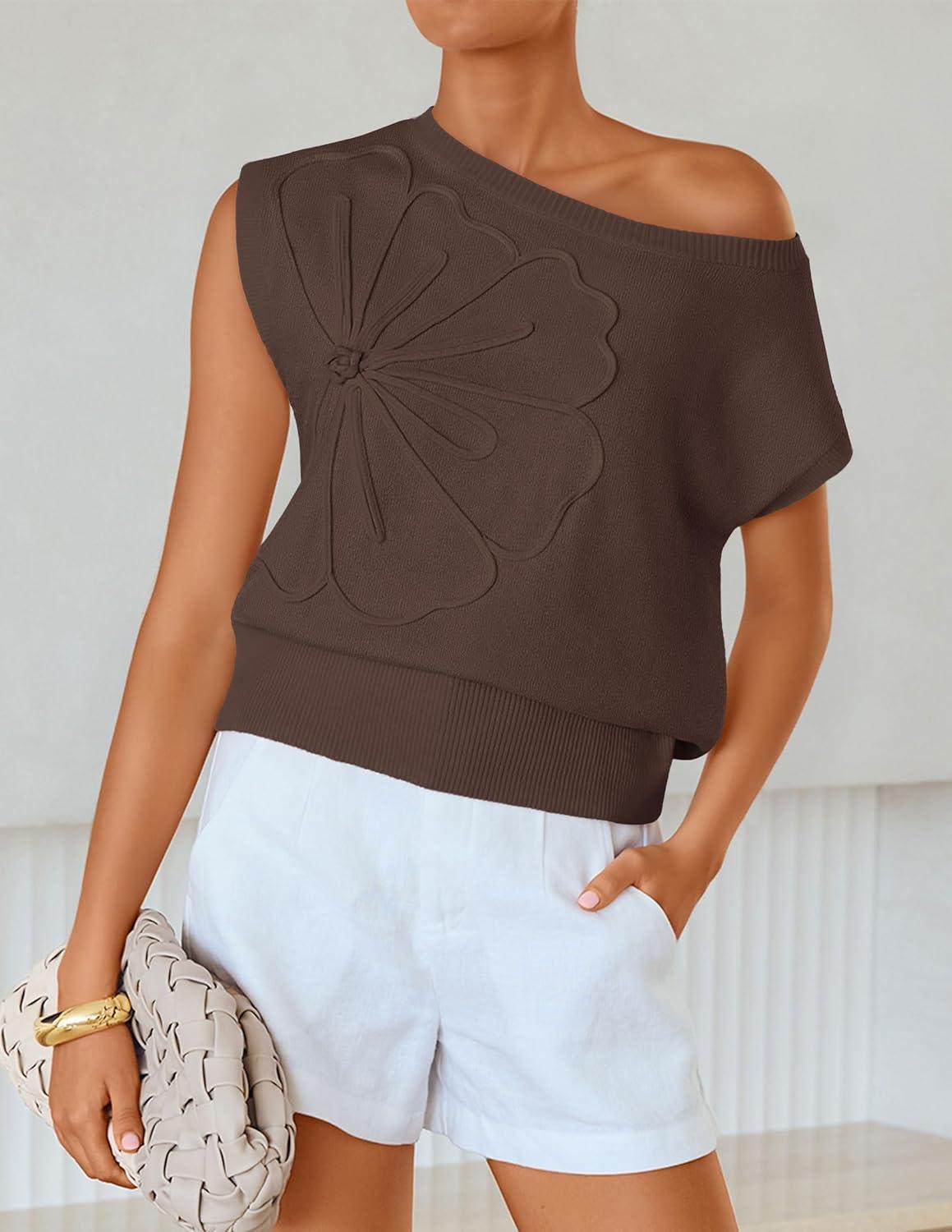 imageZESICA Womens Summer Off Shoulder Short Sleeve Sweater Vest 2026 Floral Knit Loose Going Out Tops Trendy Cute ClothesCoffee