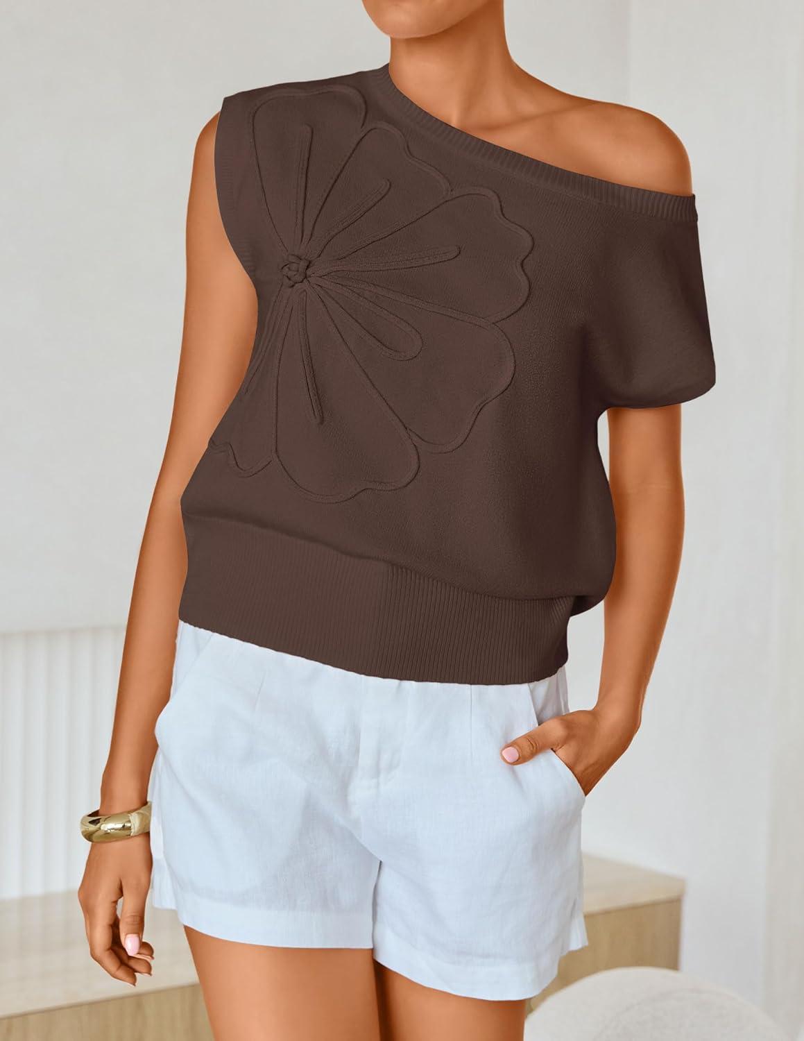 imageZESICA Womens Summer Off Shoulder Short Sleeve Sweater Vest 2026 Floral Knit Loose Going Out Tops Trendy Cute ClothesCoffee