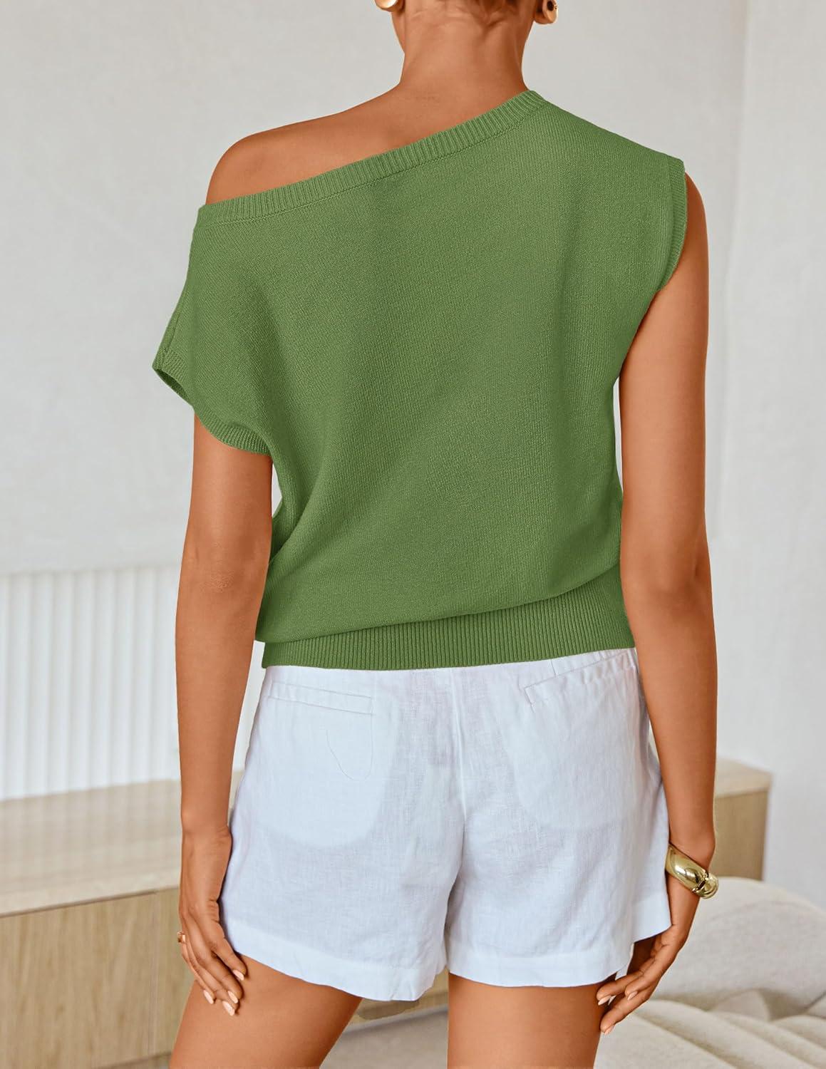 imageZESICA Womens Summer Off Shoulder Short Sleeve Sweater Vest 2026 Floral Knit Loose Going Out Tops Trendy Cute ClothesGreen