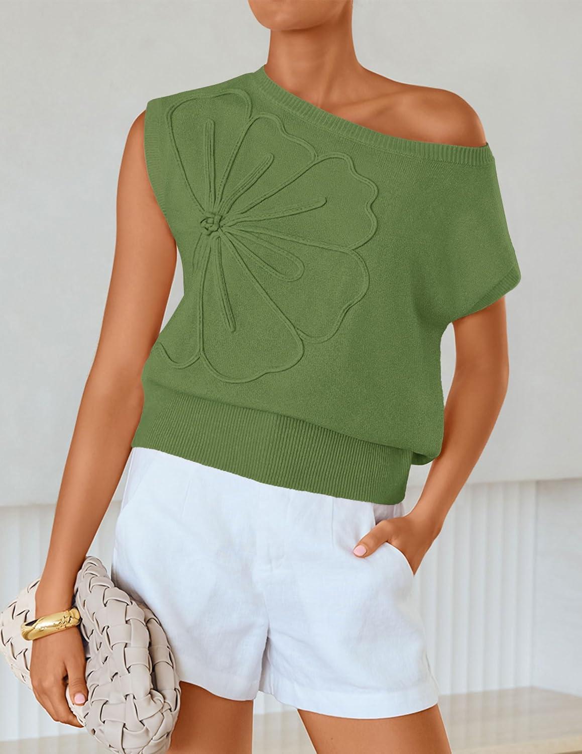 imageZESICA Womens Summer Off Shoulder Short Sleeve Sweater Vest 2026 Floral Knit Loose Going Out Tops Trendy Cute ClothesGreen