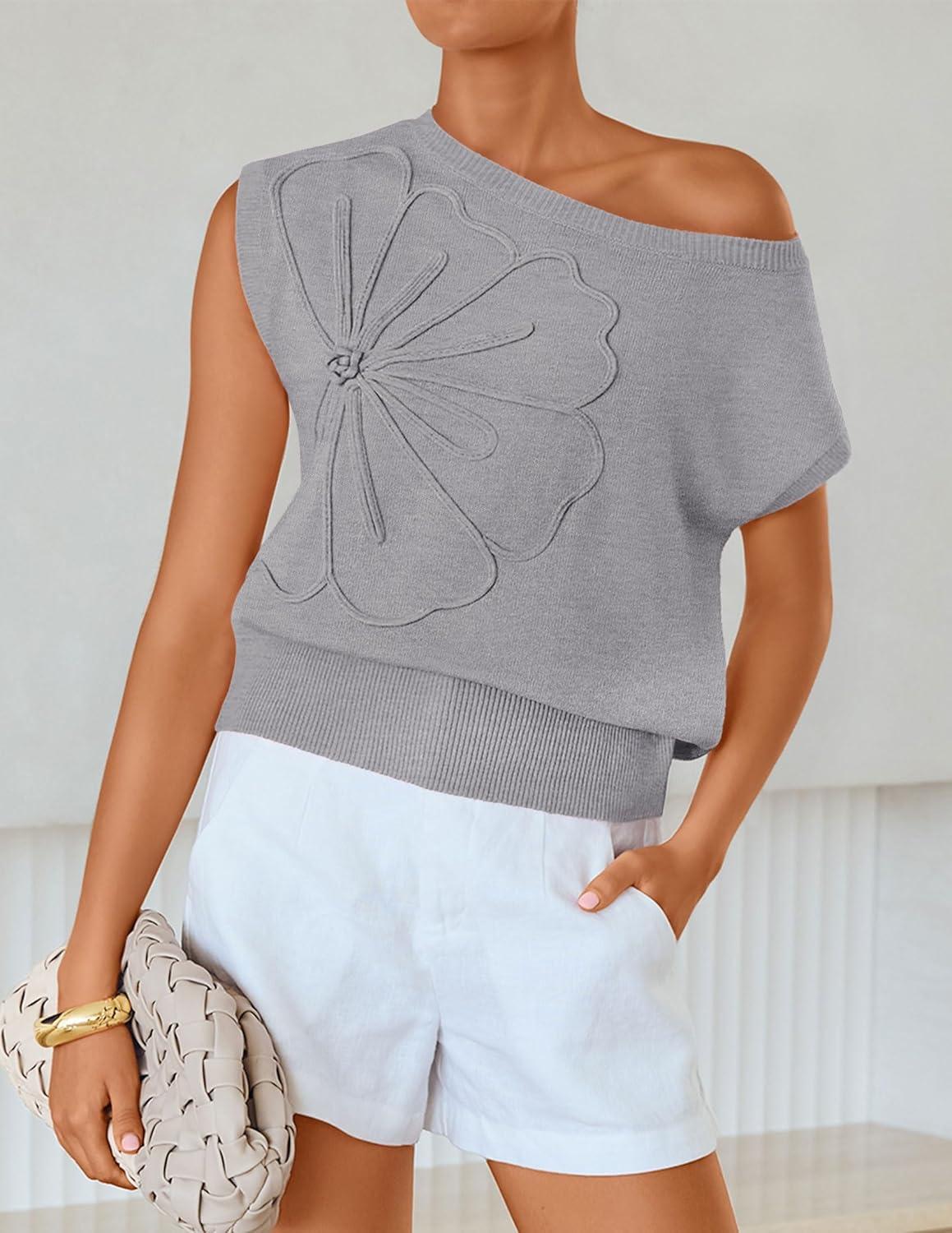 imageZESICA Womens Summer Off Shoulder Short Sleeve Sweater Vest 2026 Floral Knit Loose Going Out Tops Trendy Cute ClothesGrey