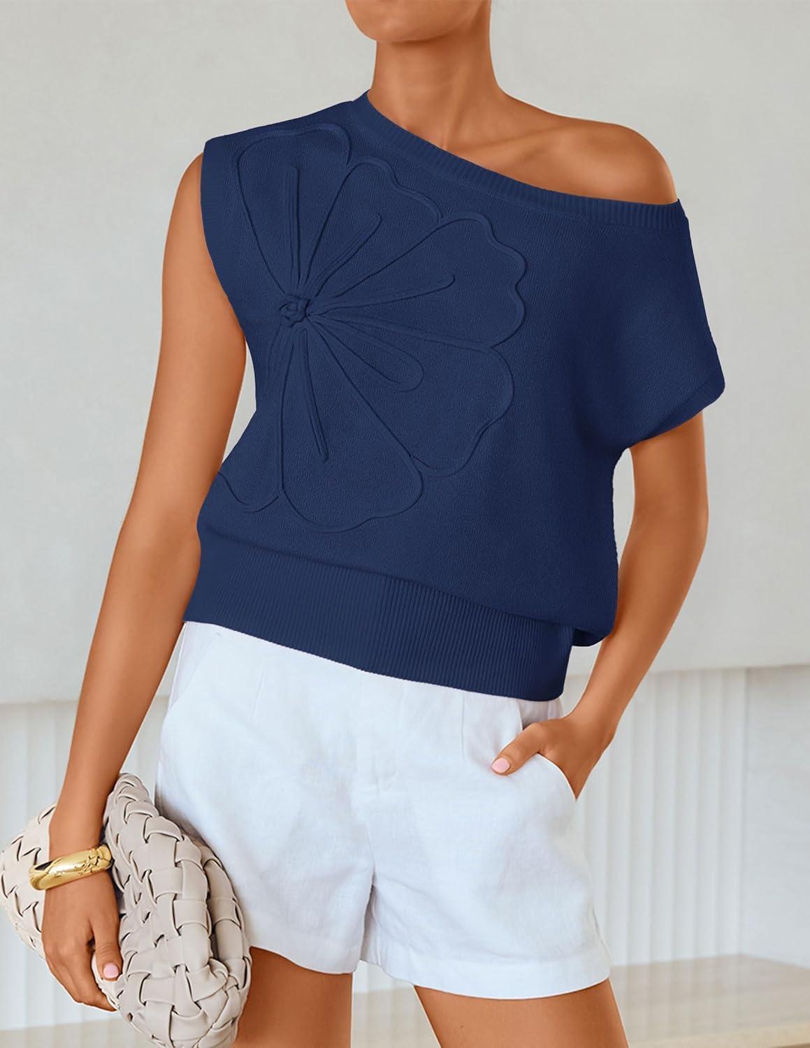 imageZESICA Womens Summer Off Shoulder Short Sleeve Sweater Vest 2026 Floral Knit Loose Going Out Tops Trendy Cute ClothesNavy