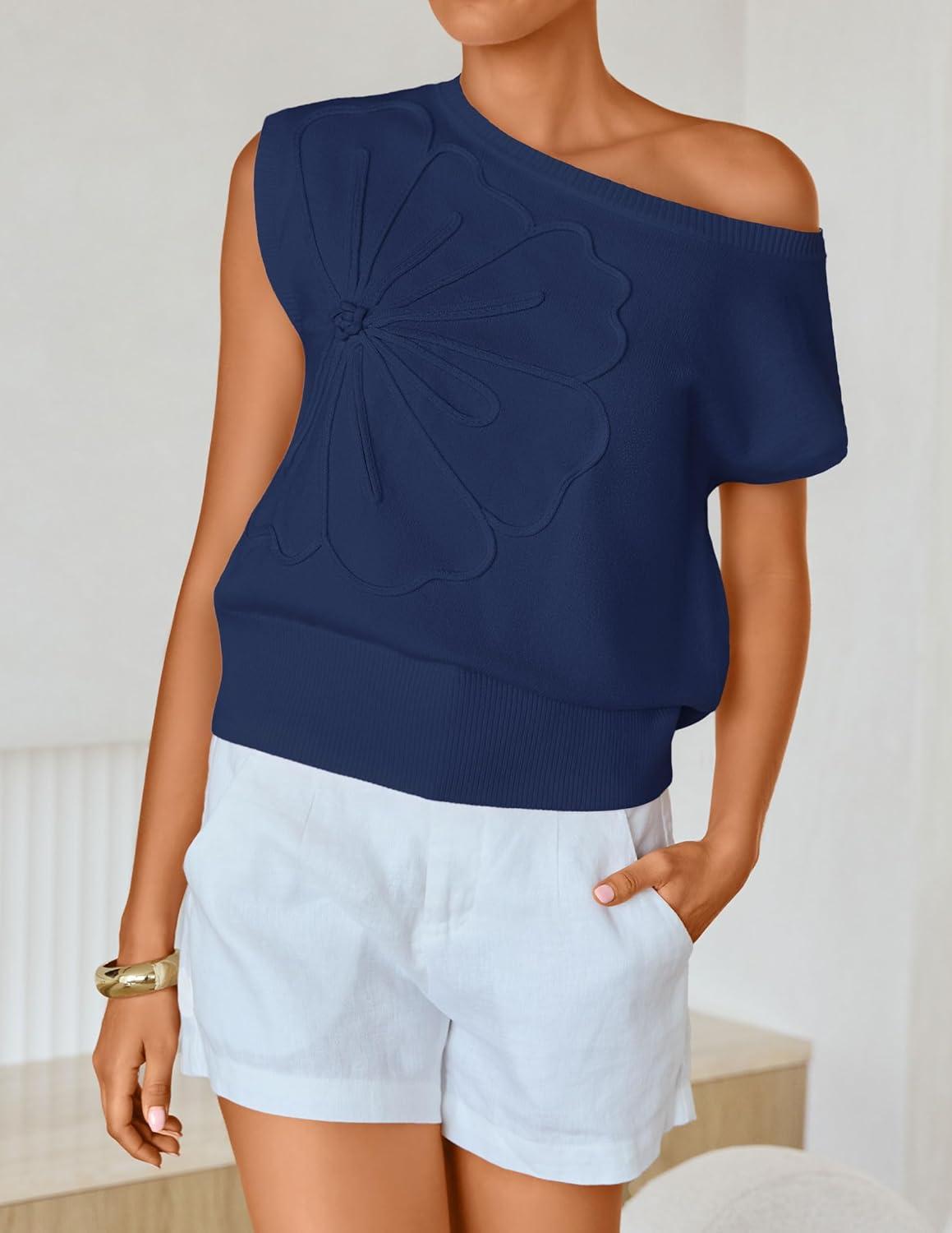 imageZESICA Womens Summer Off Shoulder Short Sleeve Sweater Vest 2026 Floral Knit Loose Going Out Tops Trendy Cute ClothesNavy
