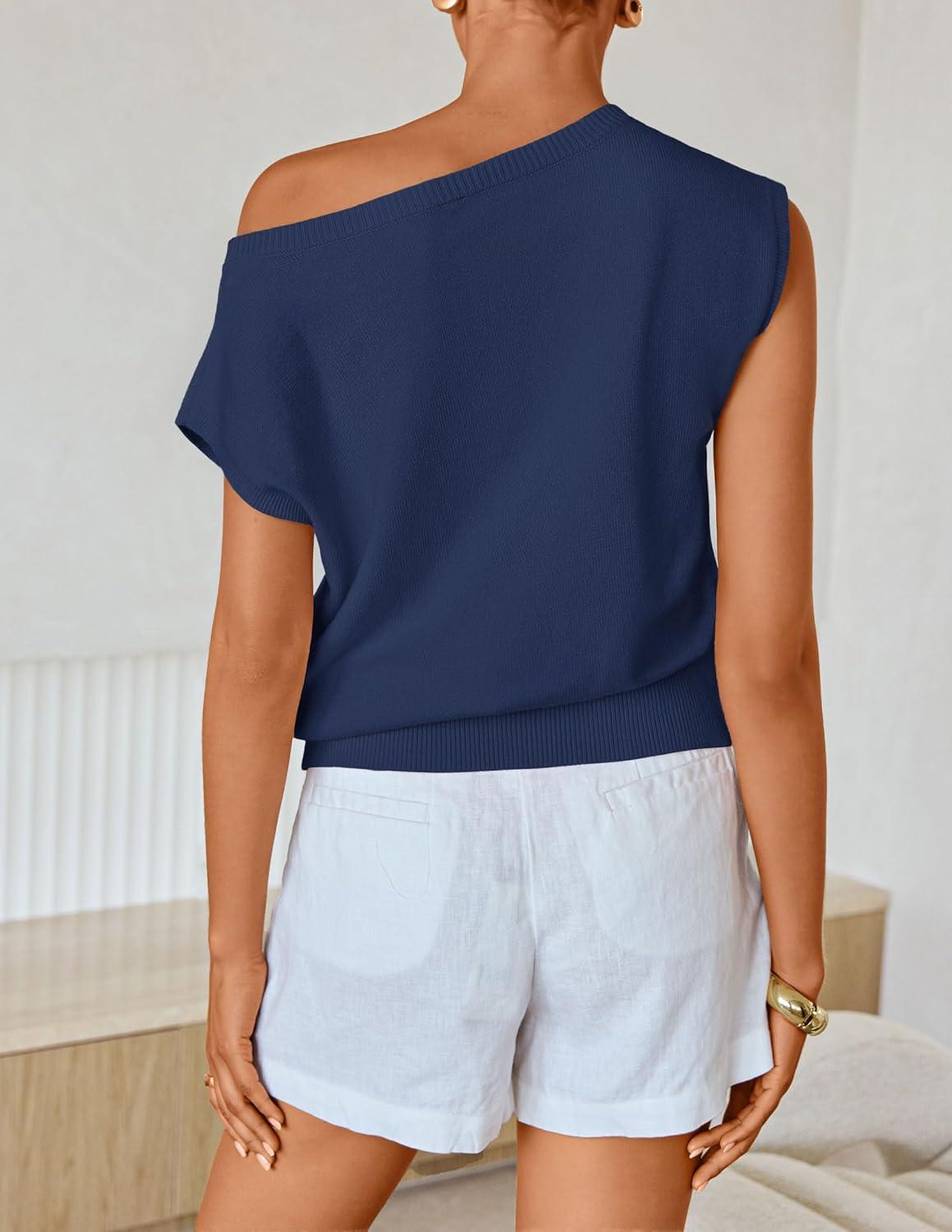 imageZESICA Womens Summer Off Shoulder Short Sleeve Sweater Vest 2026 Floral Knit Loose Going Out Tops Trendy Cute ClothesNavy