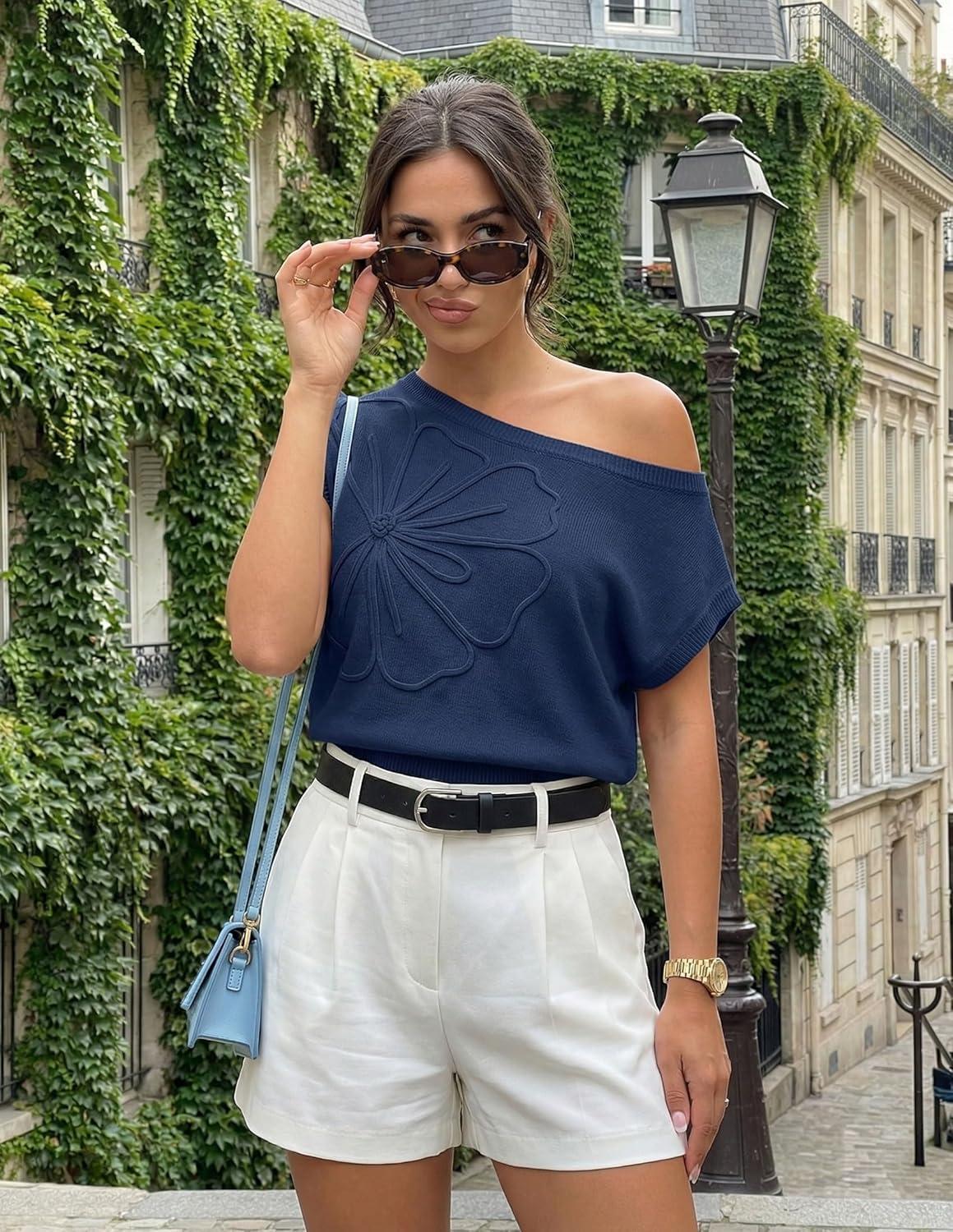 imageZESICA Womens Summer Off Shoulder Short Sleeve Sweater Vest 2026 Floral Knit Loose Going Out Tops Trendy Cute ClothesNavy