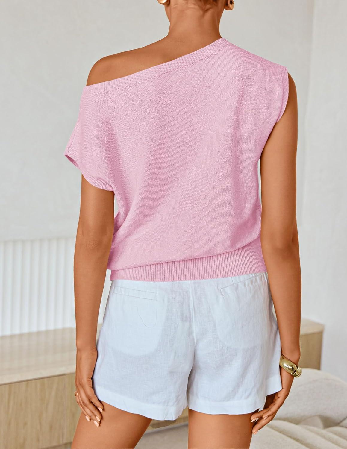 imageZESICA Womens Summer Off Shoulder Short Sleeve Sweater Vest 2026 Floral Knit Loose Going Out Tops Trendy Cute ClothesPink