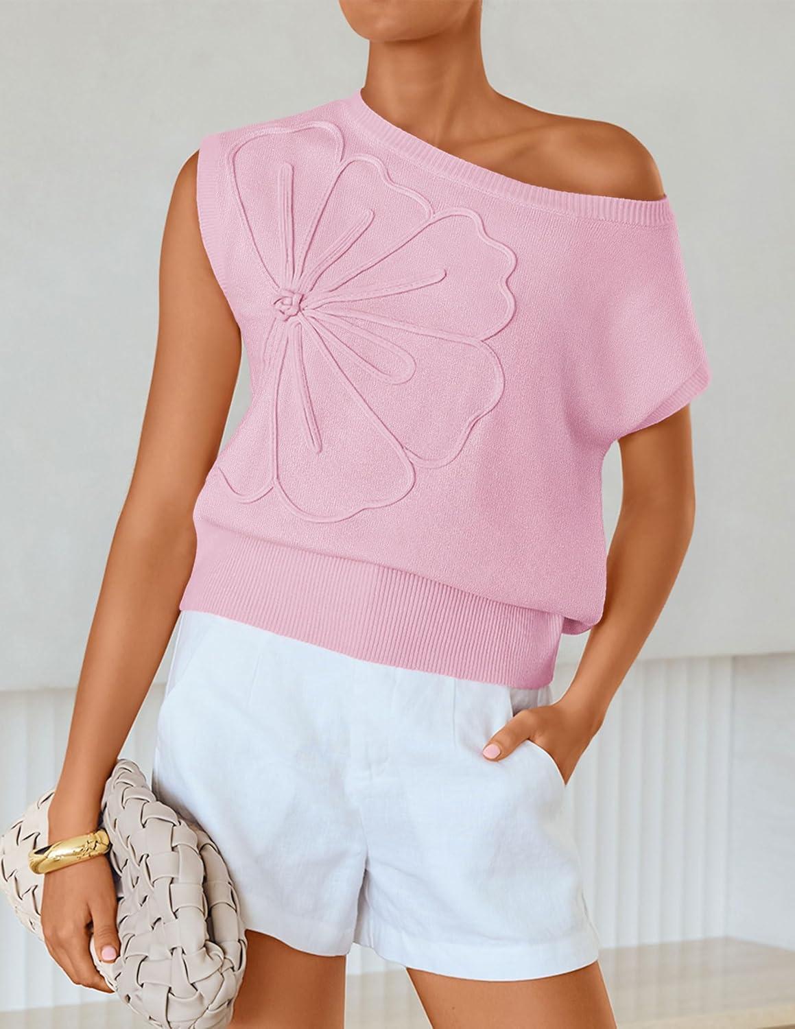 imageZESICA Womens Summer Off Shoulder Short Sleeve Sweater Vest 2026 Floral Knit Loose Going Out Tops Trendy Cute ClothesPink