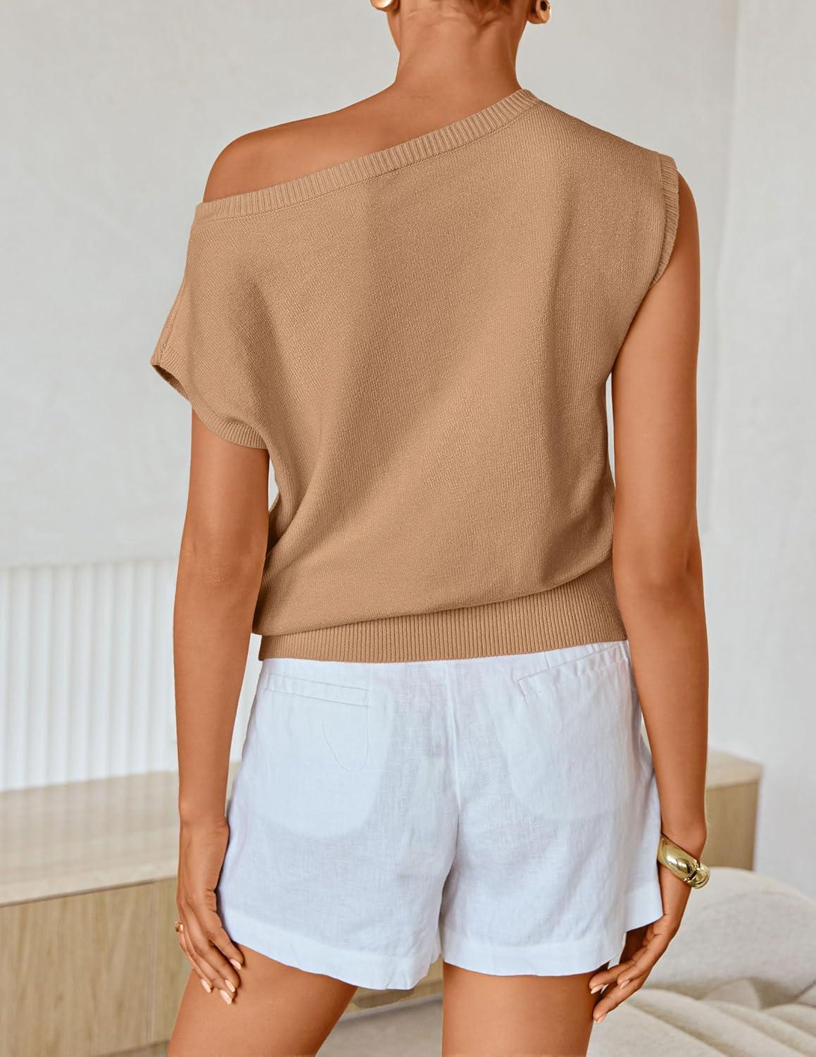 imageZESICA Womens Summer Off Shoulder Short Sleeve Sweater Vest 2026 Floral Knit Loose Going Out Tops Trendy Cute ClothesToffee