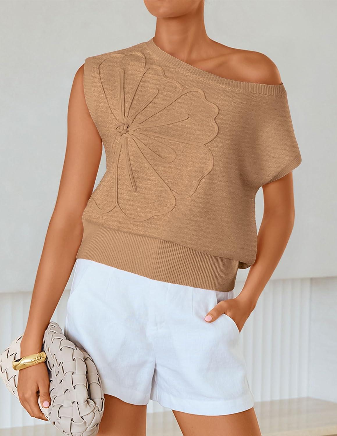 imageZESICA Womens Summer Off Shoulder Short Sleeve Sweater Vest 2026 Floral Knit Loose Going Out Tops Trendy Cute ClothesToffee