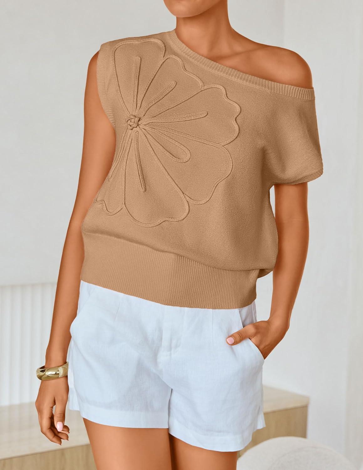 imageZESICA Womens Summer Off Shoulder Short Sleeve Sweater Vest 2026 Floral Knit Loose Going Out Tops Trendy Cute ClothesToffee