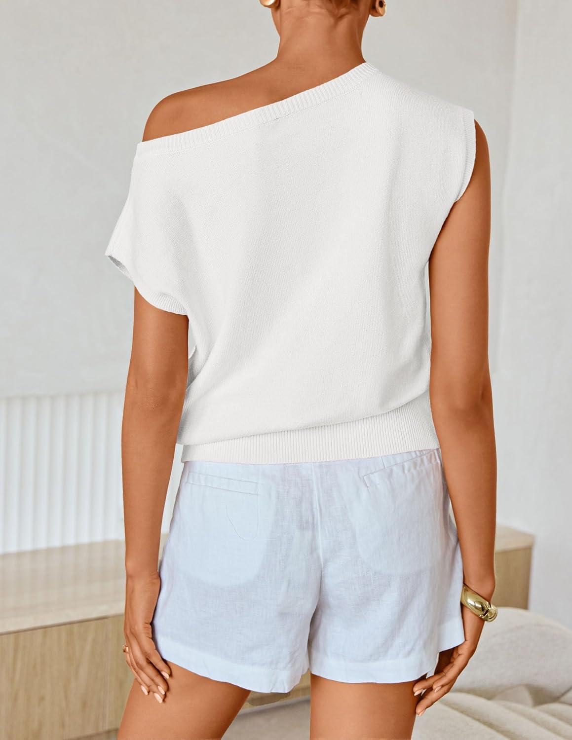 imageZESICA Womens Summer Off Shoulder Short Sleeve Sweater Vest 2026 Floral Knit Loose Going Out Tops Trendy Cute ClothesWhite