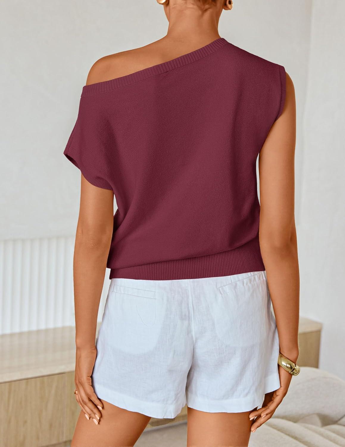 imageZESICA Womens Summer Off Shoulder Short Sleeve Sweater Vest 2026 Floral Knit Loose Going Out Tops Trendy Cute ClothesWine
