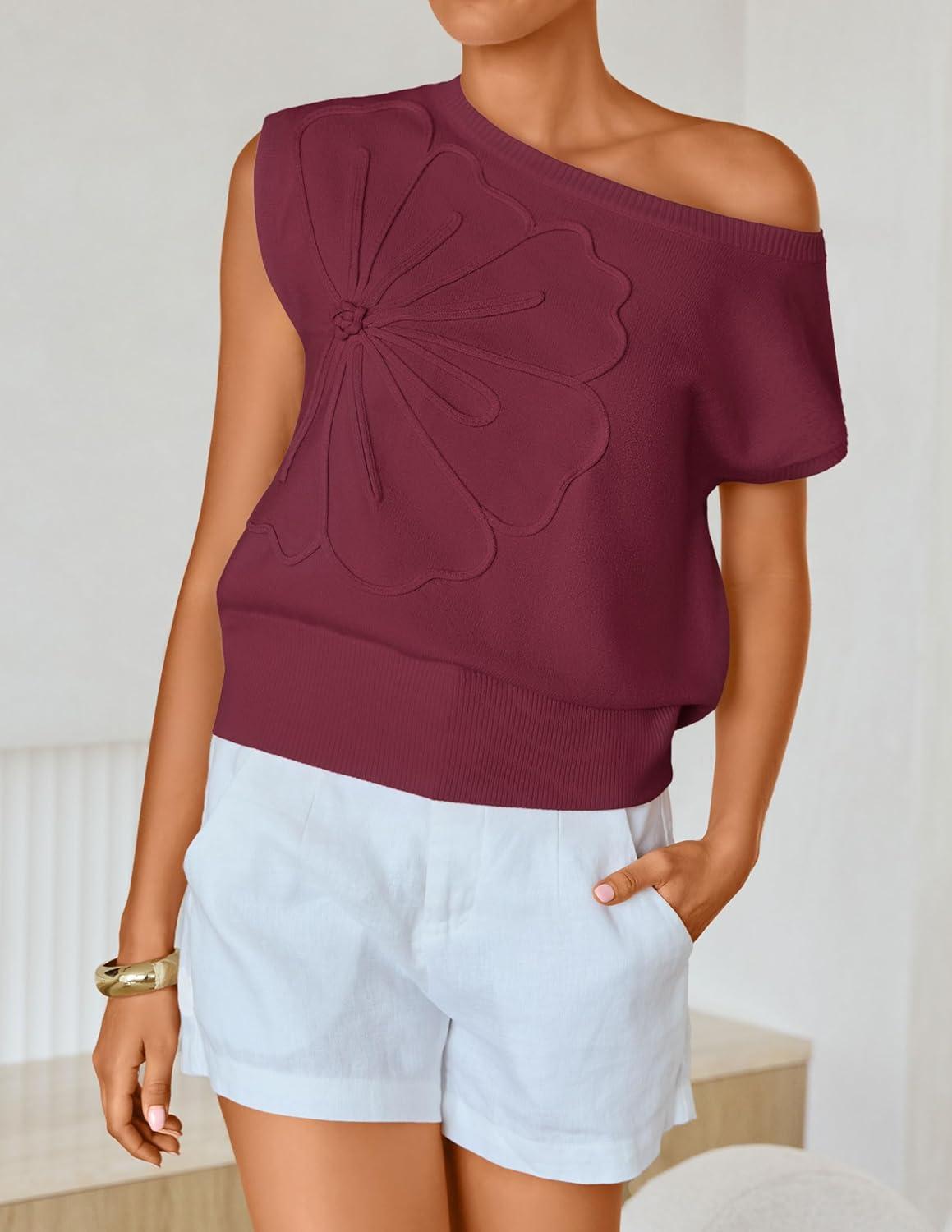 imageZESICA Womens Summer Off Shoulder Short Sleeve Sweater Vest 2026 Floral Knit Loose Going Out Tops Trendy Cute ClothesWine