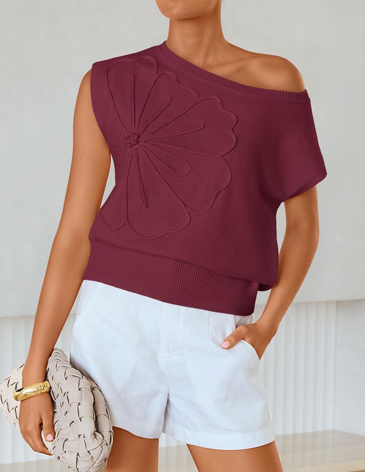 imageZESICA Womens Summer Off Shoulder Short Sleeve Sweater Vest 2026 Floral Knit Loose Going Out Tops Trendy Cute ClothesWine