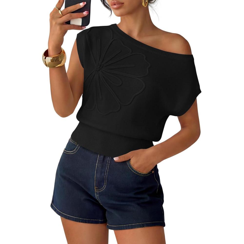 imageZESICA Womens Summer Off Shoulder Short Sleeve Sweater Vest 2026 Floral Knit Loose Going Out Tops Trendy Cute ClothesBlack