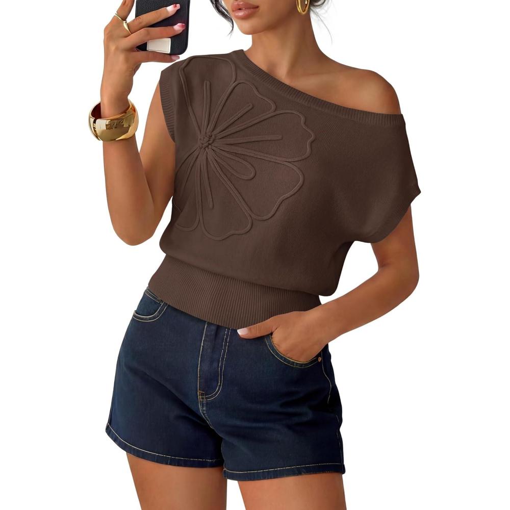 imageZESICA Womens Summer Off Shoulder Short Sleeve Sweater Vest 2026 Floral Knit Loose Going Out Tops Trendy Cute ClothesCoffee