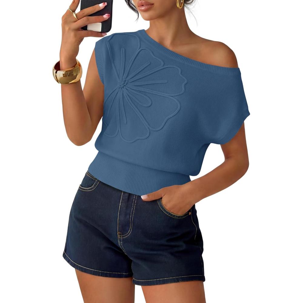 imageZESICA Womens Summer Off Shoulder Short Sleeve Sweater Vest 2026 Floral Knit Loose Going Out Tops Trendy Cute ClothesDustyblue