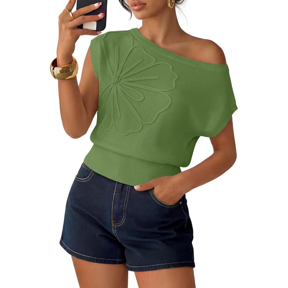 imageZESICA Womens Summer Off Shoulder Short Sleeve Sweater Vest 2026 Floral Knit Loose Going Out Tops Trendy Cute ClothesGreen