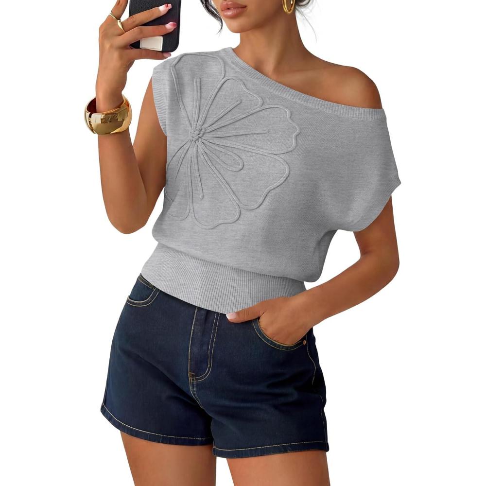 imageZESICA Womens Summer Off Shoulder Short Sleeve Sweater Vest 2026 Floral Knit Loose Going Out Tops Trendy Cute ClothesGrey