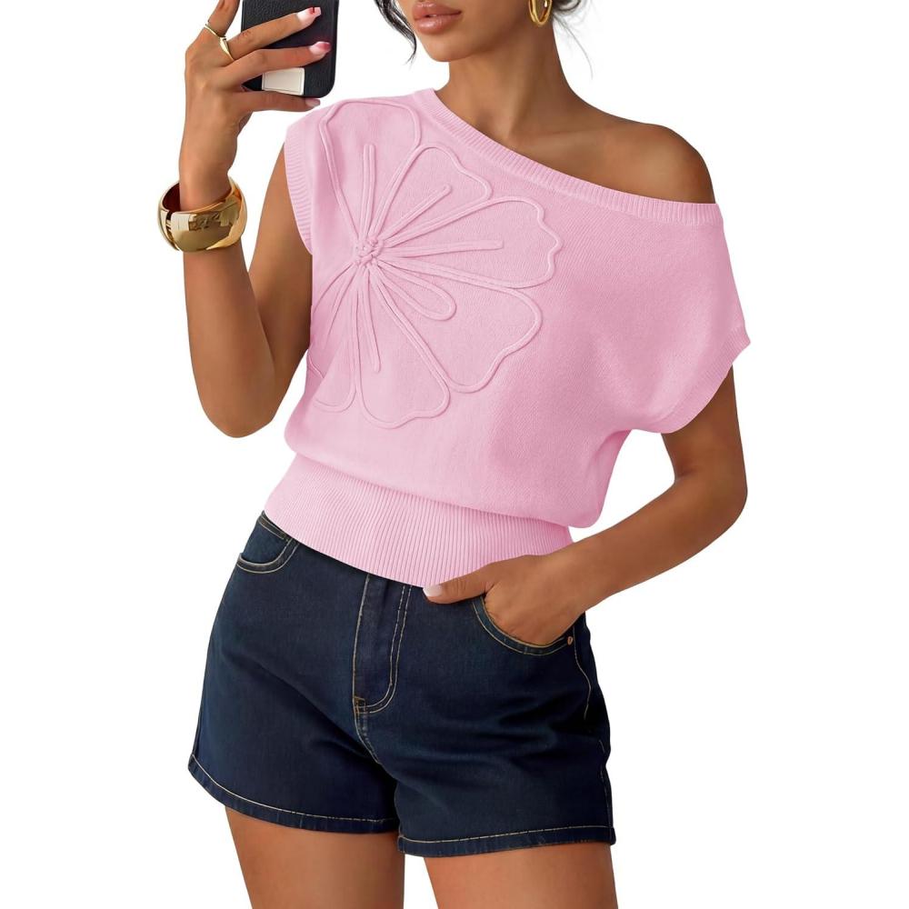 imageZESICA Womens Summer Off Shoulder Short Sleeve Sweater Vest 2026 Floral Knit Loose Going Out Tops Trendy Cute ClothesPink