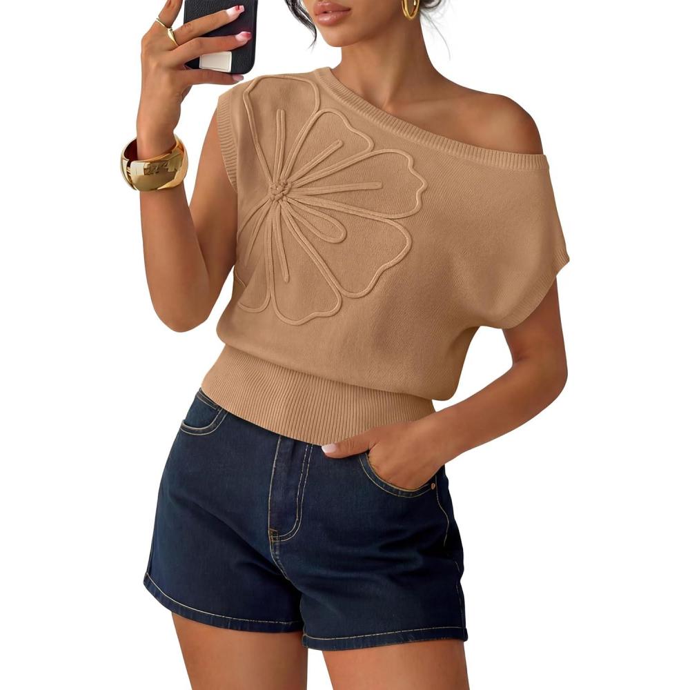 imageZESICA Womens Summer Off Shoulder Short Sleeve Sweater Vest 2026 Floral Knit Loose Going Out Tops Trendy Cute ClothesToffee