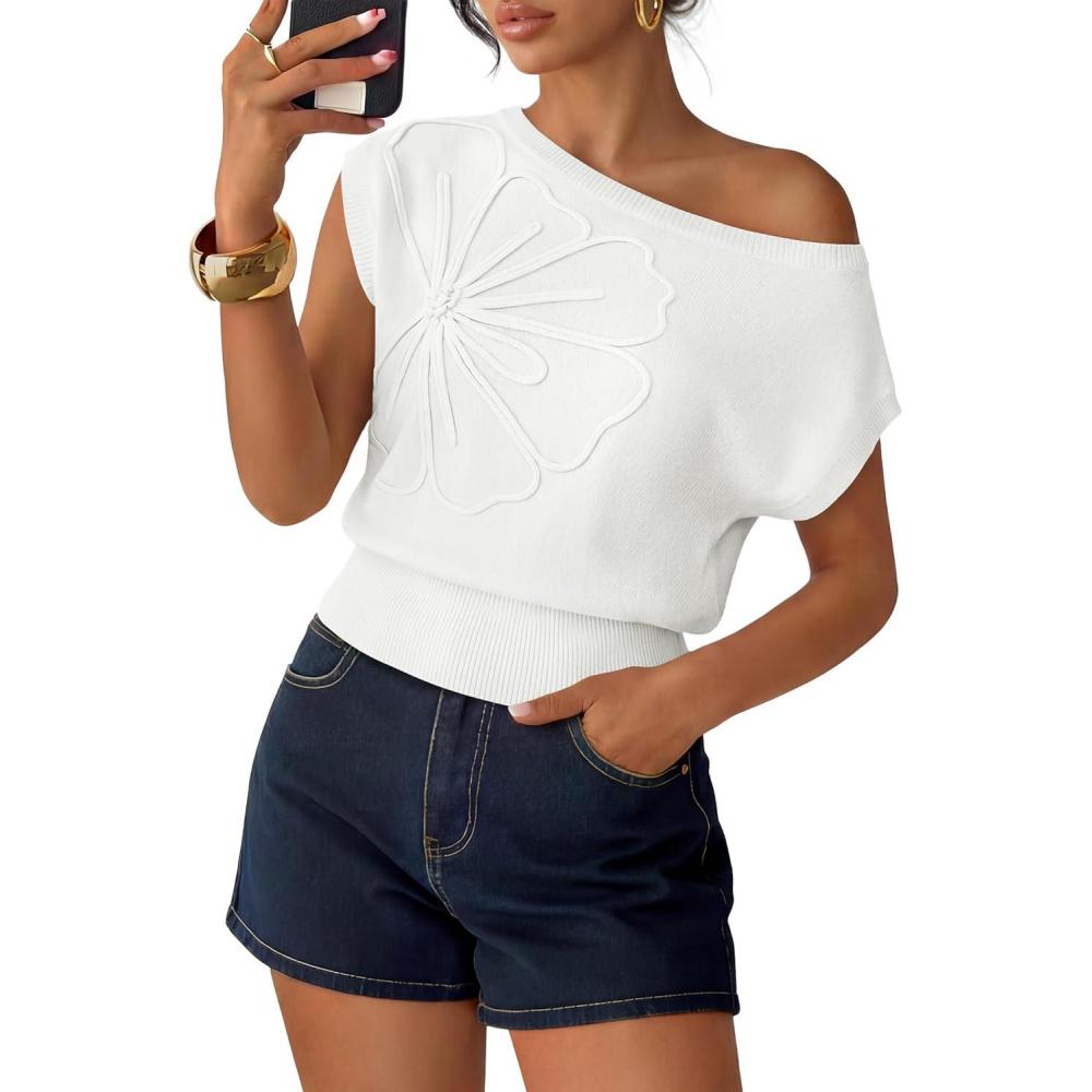 imageZESICA Womens Summer Off Shoulder Short Sleeve Sweater Vest 2026 Floral Knit Loose Going Out Tops Trendy Cute ClothesWhite