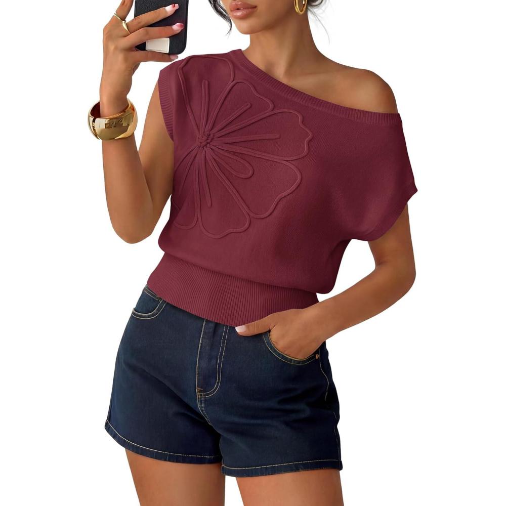 imageZESICA Womens Summer Off Shoulder Short Sleeve Sweater Vest 2026 Floral Knit Loose Going Out Tops Trendy Cute ClothesWine