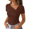 ZESICA Womens Summer Asymmetrical T Shirts Ruched Fitted Y2K Going Out Tops 2026 Spring Fashion Outfits Casual Work Blouse(Brown)