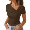 ZESICA Womens Summer Asymmetrical T Shirts Ruched Fitted Y2K Going Out Tops 2026 Spring Fashion Outfits Casual Work Blouse(Coffee)